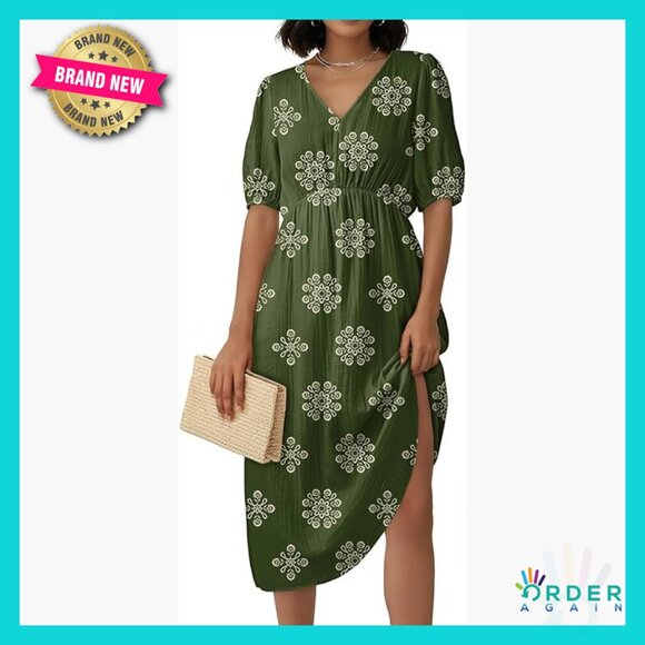 Dresses & Skirts - Boho Maxi Dress Flowy V Neck Short Sleeve Casual Summer Elegant with Pockets